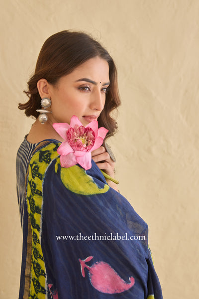 "Nilofar" Indigo Hand Block Printed Chanderi Suit Set (3pc)