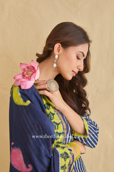 "Nilofar" Indigo Hand Block Printed Chanderi Suit Set (3pc)