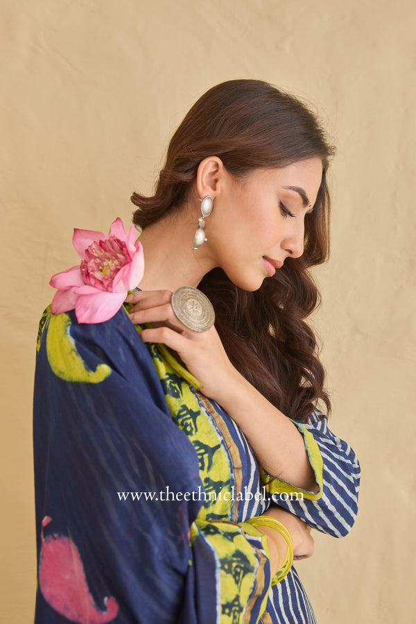 "Nilofar" Indigo Hand Block Printed Chanderi Suit Set (3pc)