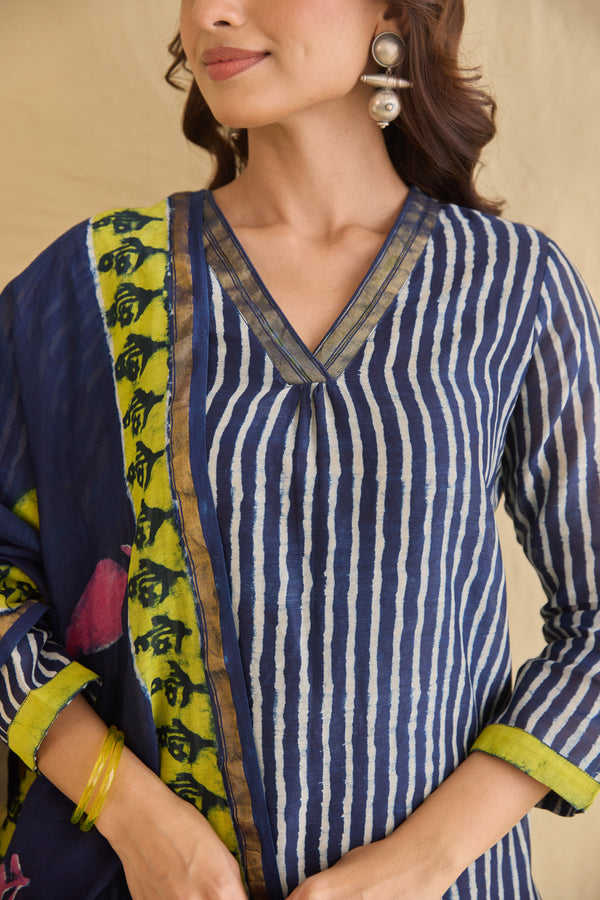 "Nilofar" Indigo Hand Block Printed Chanderi Suit Set (3pc)