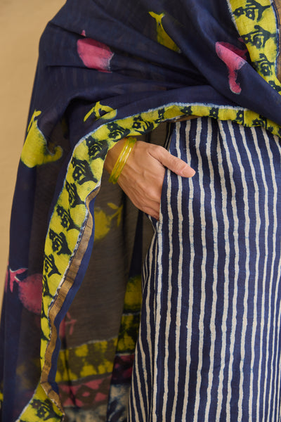 "Nilofar" Indigo Hand Block Printed Chanderi Suit Set (3pc)