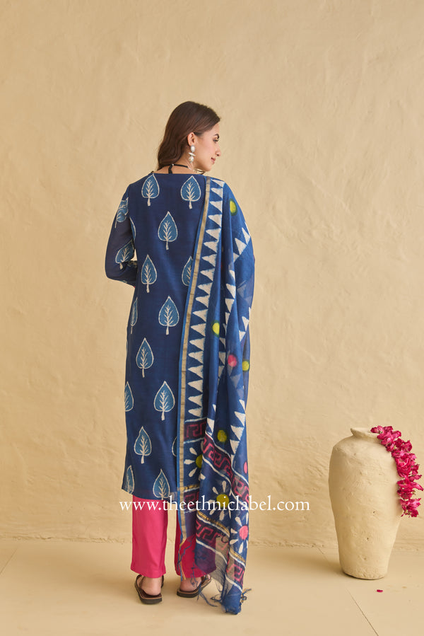 "Siyahi" Indigo Hand Block Printed Chanderi Suit Set (3pc)