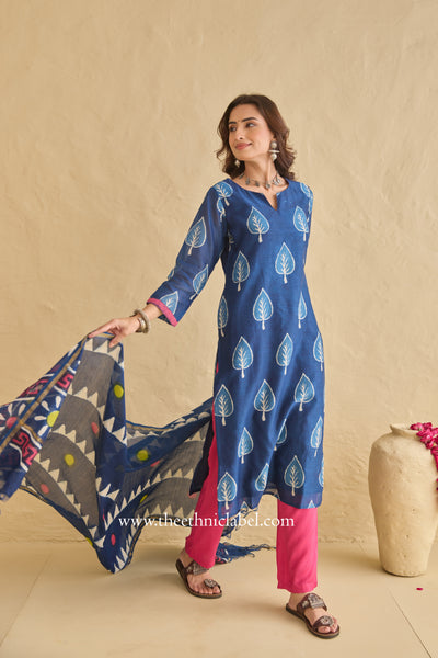 "Siyahi" Indigo Hand Block Printed Chanderi Suit Set (3pc)