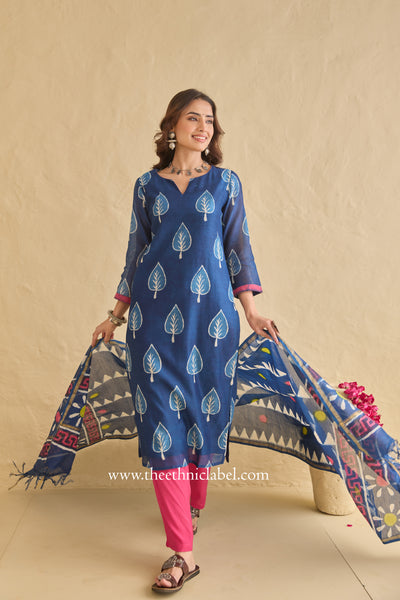 "Siyahi" Indigo Hand Block Printed Chanderi Suit Set (3pc)