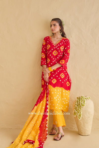 "Gulaal" Red Pure Bandhani Cotton Suit Set (3pc)