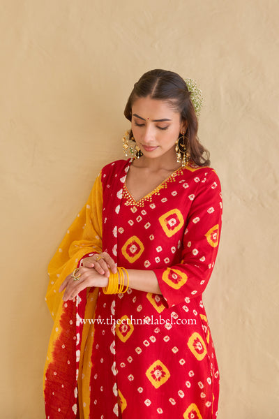 "Gulaal" Red Pure Bandhani Cotton Suit Set (3pc)