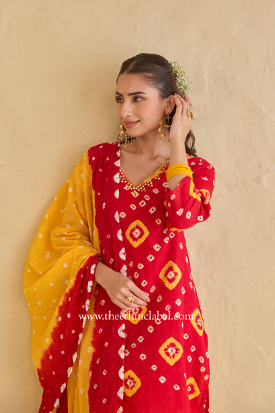 "Gulaal" Red Pure Bandhani Cotton Suit Set (3pc)