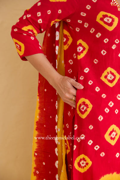 "Gulaal" Red Pure Bandhani Cotton Suit Set (3pc)