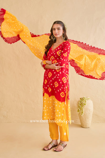 "Gulaal" Red Pure Bandhani Cotton Suit Set (3pc)