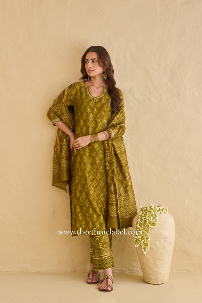 "Parizad" Green Hand Block Printed Hand Work Chanderi Suit Set (3pc)