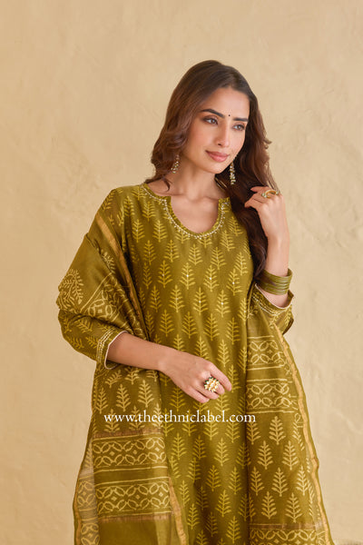 "Parizad" Green Hand Block Printed Hand Work Chanderi Suit Set (3pc)