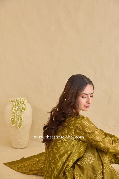 "Parizad" Green Hand Block Printed Hand Work Chanderi Suit Set (3pc)