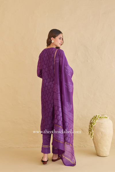 "Shaheen" Purple Hand Block Printed Handwork Chanderi Suit Set (3pc)