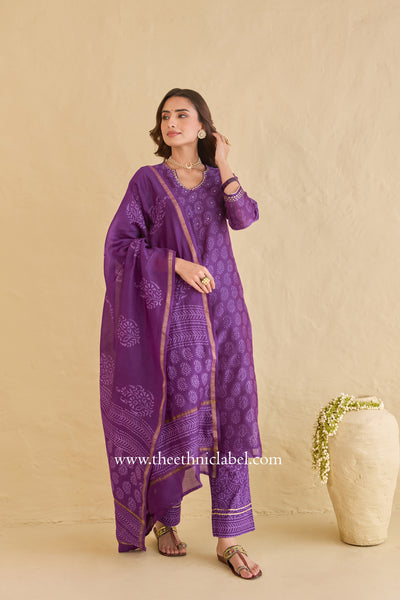 "Shaheen" Purple Hand Block Printed Handwork Chanderi Suit Set (3pc)