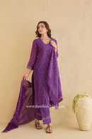 "Shaheen" Purple Hand Block Printed Handwork Chanderi Suit Set (3pc)