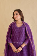 "Shaheen" Purple Hand Block Printed Handwork Chanderi Suit Set (3pc)