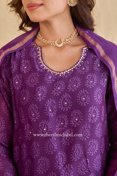 "Shaheen" Purple Hand Block Printed Handwork Chanderi Suit Set (3pc)