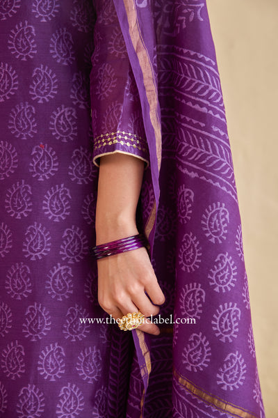 "Shaheen" Purple Hand Block Printed Handwork Chanderi Suit Set (3pc)