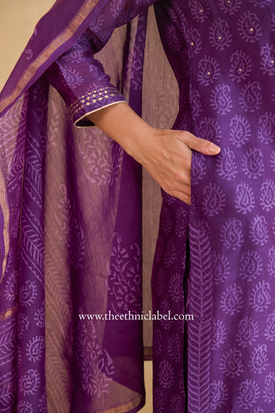 "Shaheen" Purple Hand Block Printed Handwork Chanderi Suit Set (3pc)