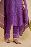 "Shaheen" Purple Hand Block Printed Handwork Chanderi Suit Set (3pc)