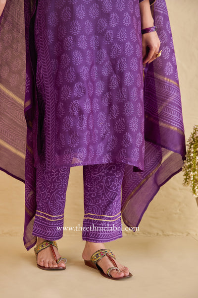 "Shaheen" Purple Hand Block Printed Handwork Chanderi Suit Set (3pc)