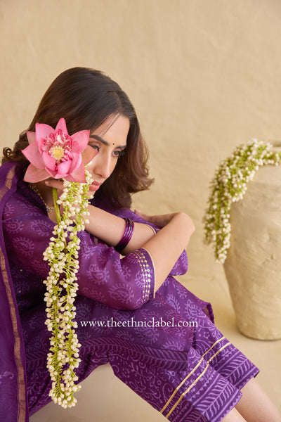 "Shaheen" Purple Hand Block Printed Handwork Chanderi Suit Set (3pc)