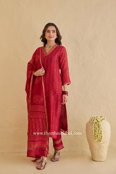 "Mehrunisa" Red Hand Block printed Chanderi Suit Set (3pc)