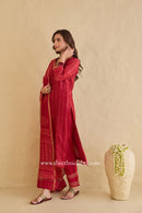 "Mehrunisa" Red Hand Block printed Chanderi Suit Set (3pc)