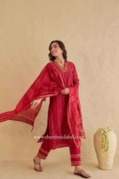"Mehrunisa" Red Hand Block printed Chanderi Suit Set (3pc)