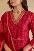 "Mehrunisa" Red Hand Block printed Chanderi Suit Set (3pc)