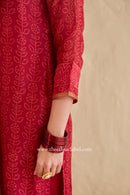 "Mehrunisa" Red Hand Block printed Chanderi Suit Set (3pc)