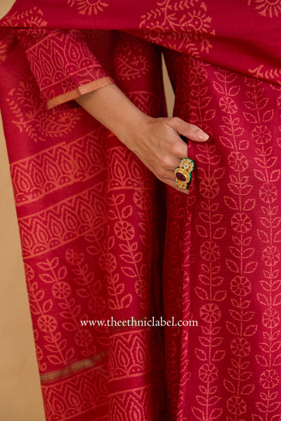 "Mehrunisa" Red Hand Block printed Chanderi Suit Set (3pc)