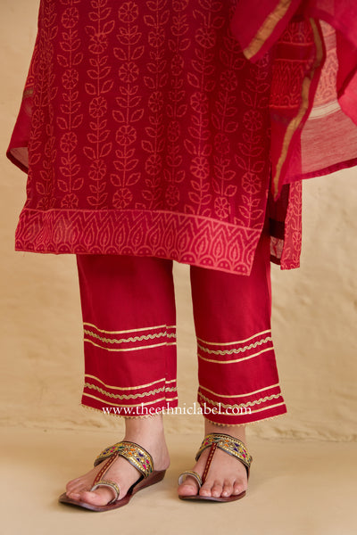 "Mehrunisa" Red Hand Block printed Chanderi Suit Set (3pc)