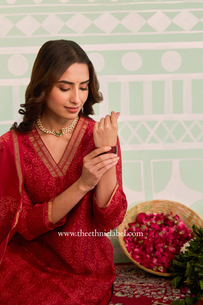 "Mehrunisa" Red Hand Block printed Chanderi Suit Set (3pc)