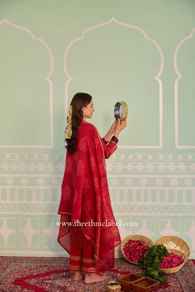"Mehrunisa" Red Hand Block printed Chanderi Suit Set (3pc)