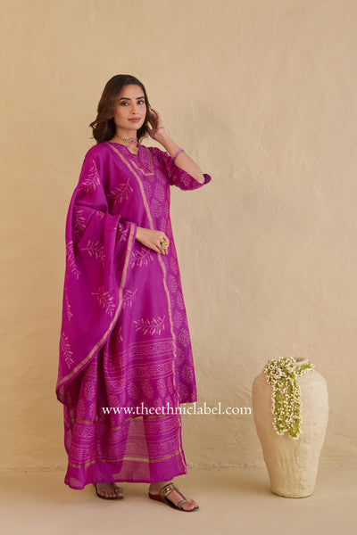 "Tarang" Magenta Hand Block Printed Embroidered Chanderi Suit Set (3pc)