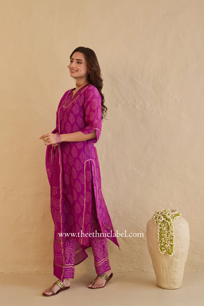"Tarang" Magenta Hand Block Printed Embroidered Chanderi Suit Set (3pc)