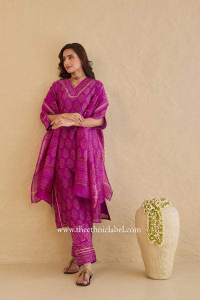 "Tarang" Magenta Hand Block Printed Embroidered Chanderi Suit Set (3pc)