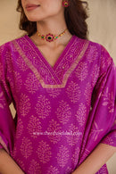 "Tarang" Magenta Hand Block Printed Embroidered Chanderi Suit Set (3pc)