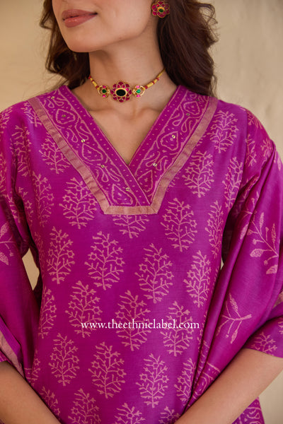 "Tarang" Magenta Hand Block Printed Embroidered Chanderi Suit Set (3pc)