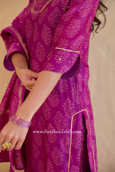 "Tarang" Magenta Hand Block Printed Embroidered Chanderi Suit Set (3pc)