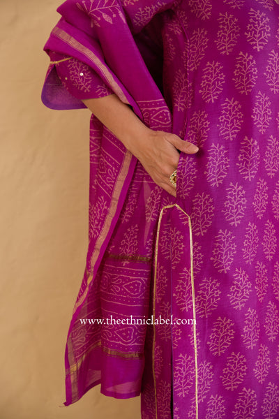 "Tarang" Magenta Hand Block Printed Embroidered Chanderi Suit Set (3pc)