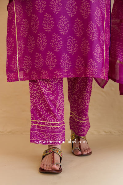 "Tarang" Magenta Hand Block Printed Embroidered Chanderi Suit Set (3pc)