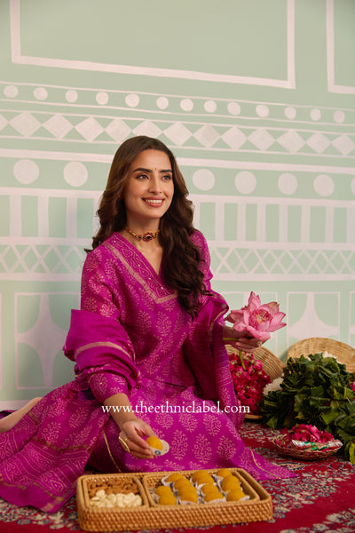 "Tarang" Magenta Hand Block Printed Embroidered Chanderi Suit Set (3pc)