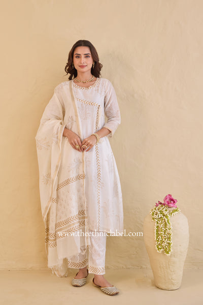 "Shubhra" Ivory Hand Block Printed Chanderi Suit Set(3pc)