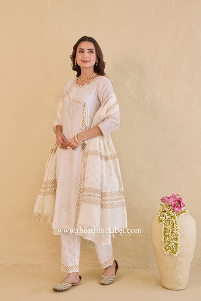 "Shubhra" Ivory Hand Block Printed Chanderi Suit Set(3pc)