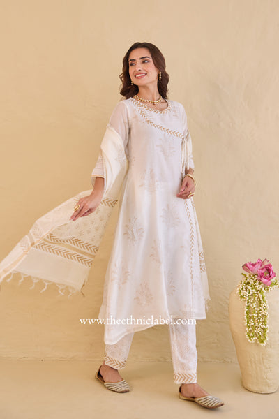 "Shubhra" Ivory Hand Block Printed Chanderi Suit Set(3pc)