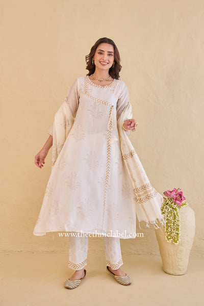"Shubhra" Ivory Hand Block Printed Chanderi Suit Set(3pc)
