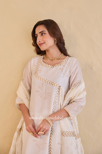 "Shubhra" Ivory Hand Block Printed Chanderi Suit Set(3pc)