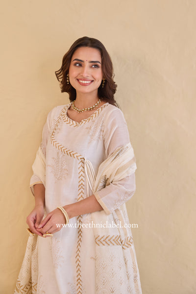 "Shubhra" Ivory Hand Block Printed Chanderi Suit Set(3pc)